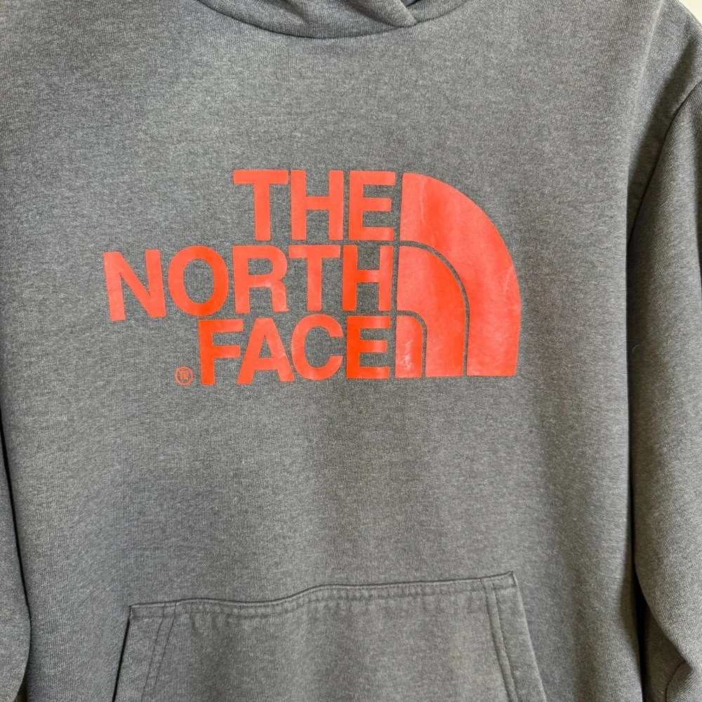 The North Face Hoodie Mens L Grey Half Dome Orange Logo Pullover Sweatshirt Camp